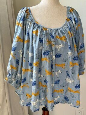 Wayward Fancies Blue Animal Print Peasant Top Oversized Cotton Linen Blend 2X/3X
